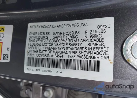 2020 Honda Accord Sport z USA, uszkodzony, nr VIN 1HGCV1F33LA134524